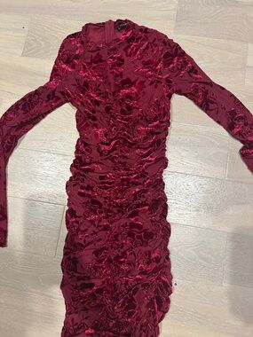 red mini dress with ruching and red velvet flowers long sleeve (see through)